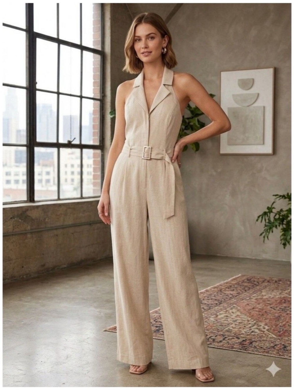 Zara Cream Halter Collared Belted Wide-Leg Jumpsuit - Picture 2 of 6
